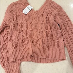 NWT - Pink Rose V-Neck Cable Knit Sweater in Soft Pink
